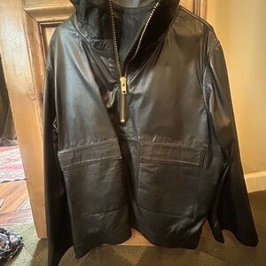 Smythe Black Leather Windbreaker with Gold Zip